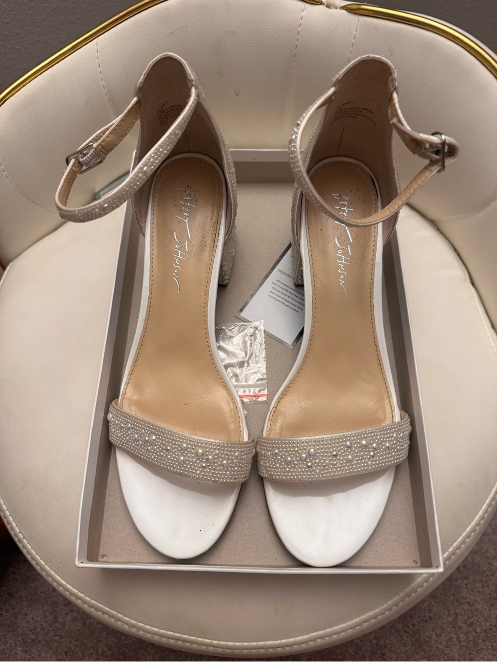 Betsey Johnson Pearl-Embellished Ankle-Strap Sandals in Light Beige and White